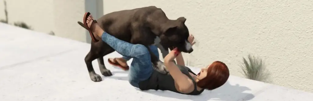 a dog attacking a woman